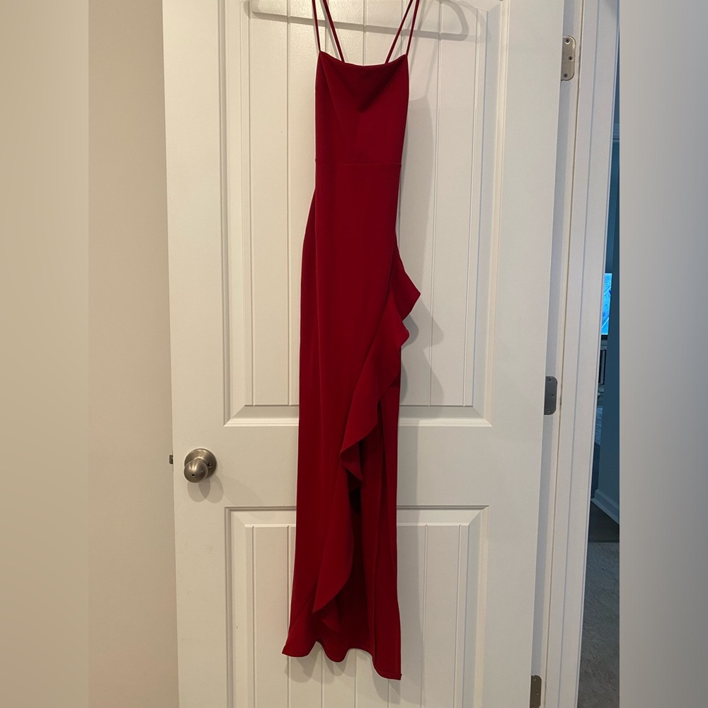 Wine red dress with split.